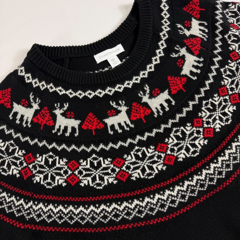 Charter Club‎ Mens Fair Isle Reindeer Christmas Sweater XL Black Red White